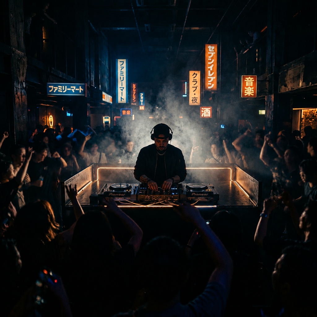 VIKTOR DJ en una cabina de DJ, atmósfera cinematográfica nocturna